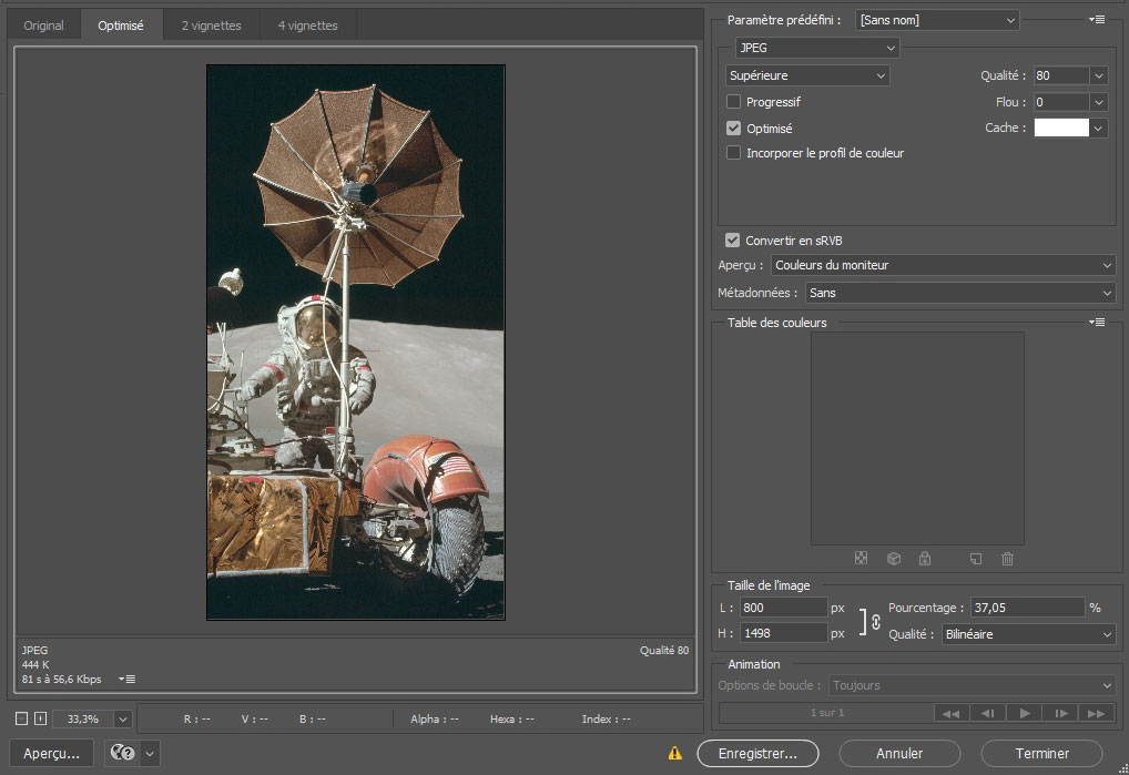 Capture d'écran du module enregistrer pour le web de Photoshop