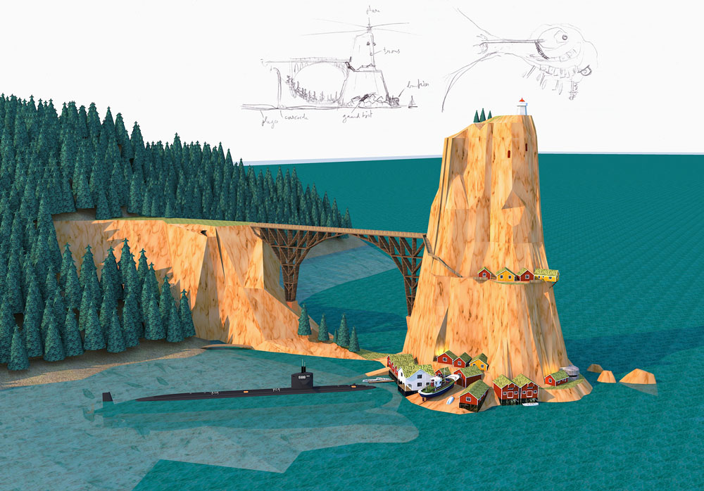 illustration 3d d'une presqu'île avec un sous-marin